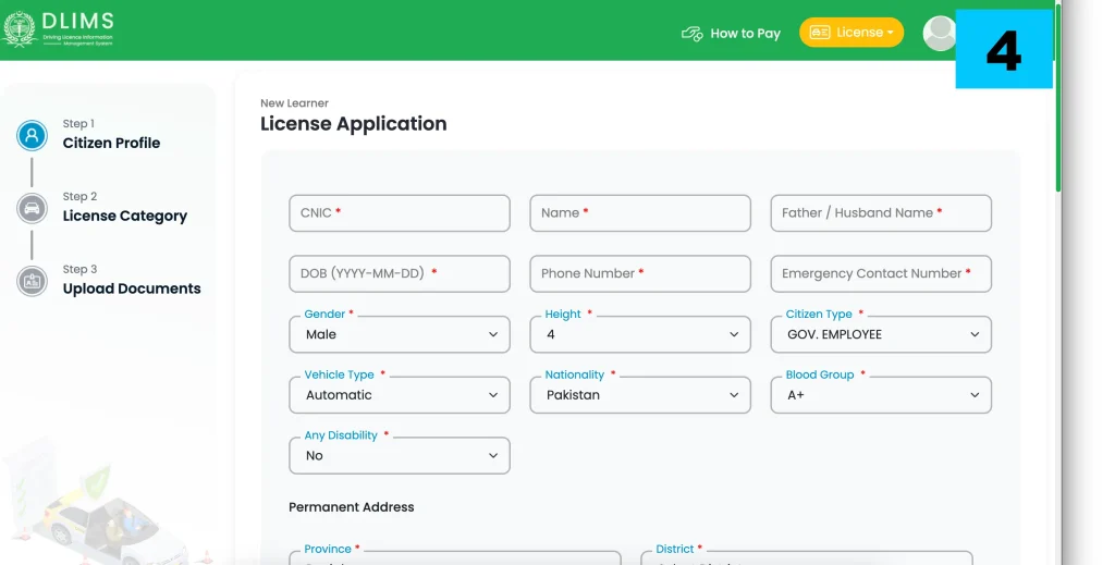 Apply for Learner Licence Punjab 2026 via Dastak App 15 DLIMS Citizen Category