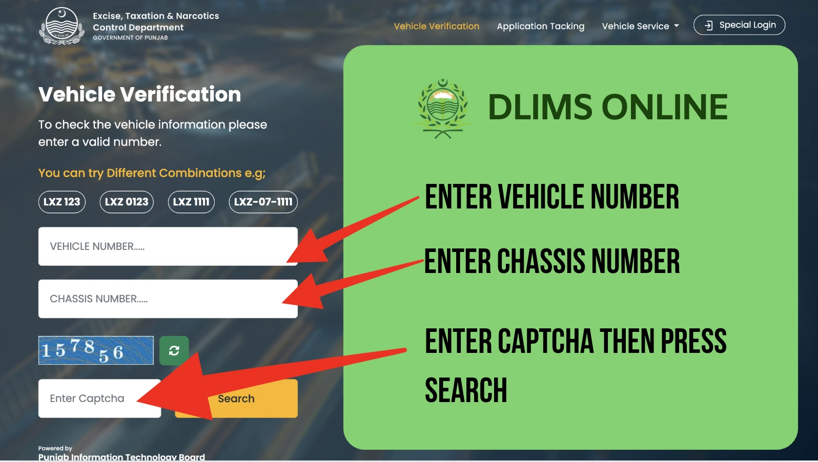 Punjab Vehicle Verification Online (MTMIS). Updated Guide 2026 2 MTMIS Punjab form — enter vehicle number, chassis number and captcha then press Search