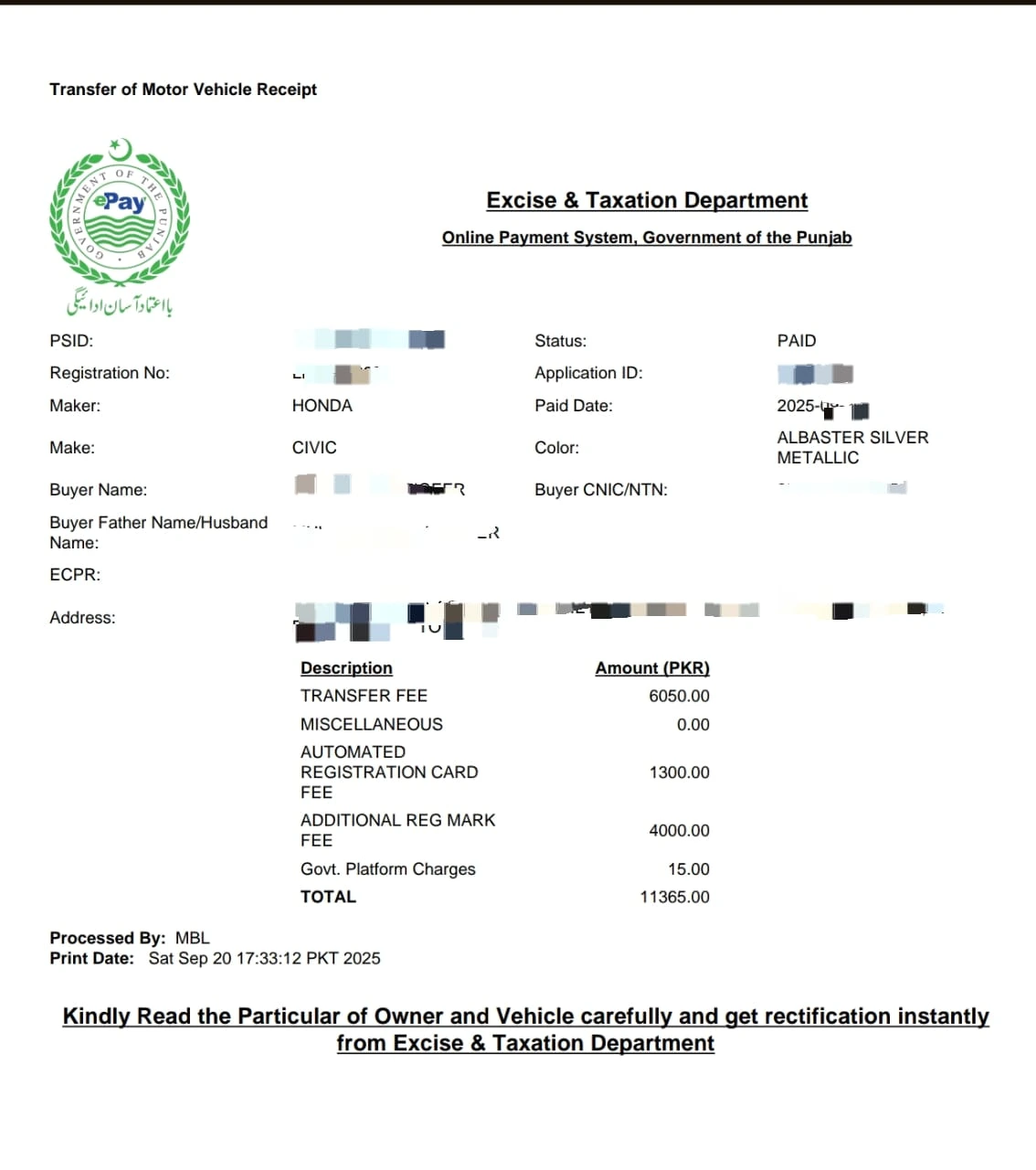 ePay Punjab PSID slip showing successful payment for vehicle transfer DLIMS Online