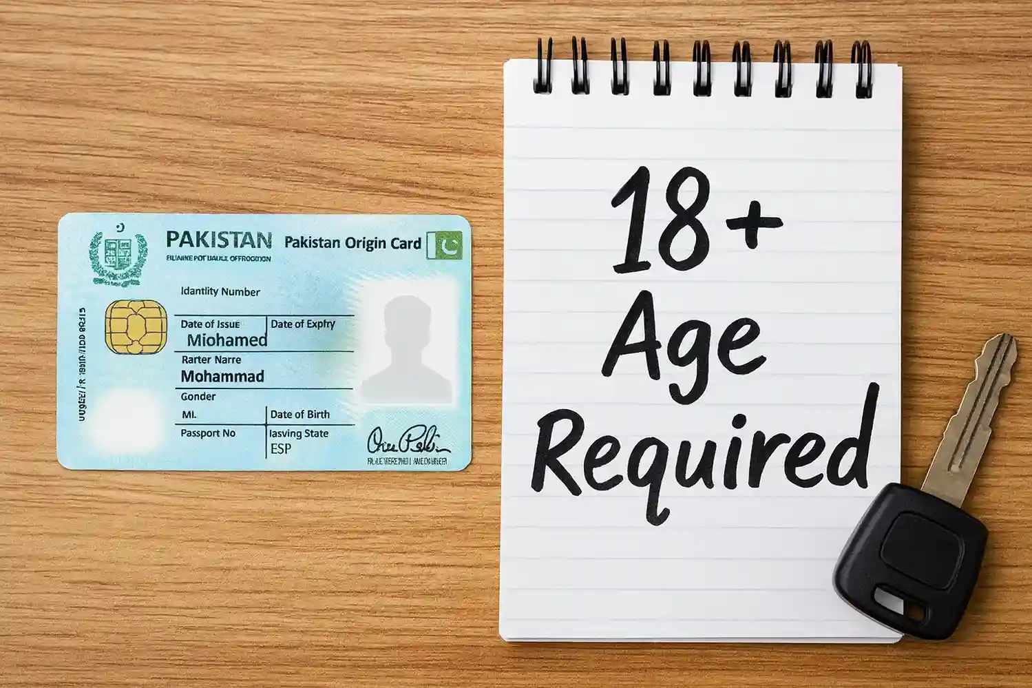 Bike Driving License Punjab. Full Guide for New Riders 13 Pakistani CNIC card with a notebook showing 18+ age requirement for applying for bike driving licence in Punjab through DLIMS.