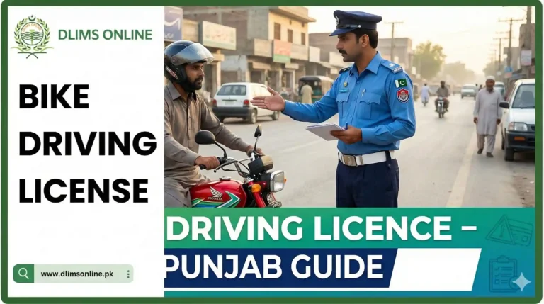 Bike Driving License Punjab. Full Guide for New Riders 2 Punjab Traffic Police officer verifying a motorcyclist’s documents with a Honda CD 70 in background, representing DLIMS bike driving licence guide in Punjab.