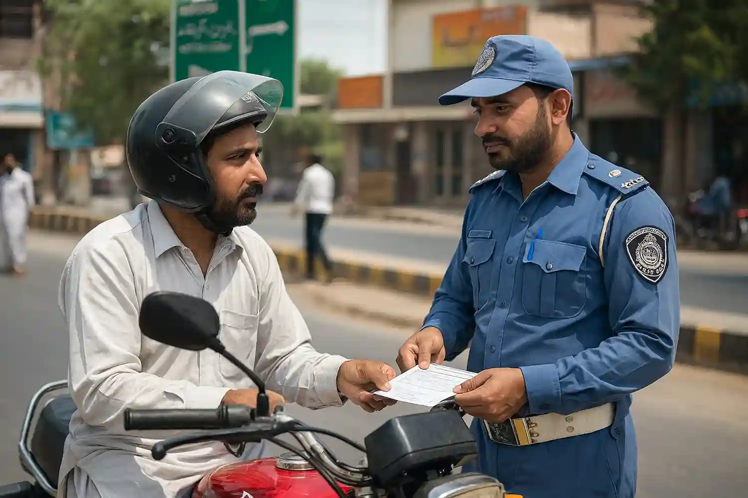 Bike Driving License Punjab. Full Guide for New Riders 12 Punjab Traffic Police officer checking a motorcyclist’s documents during roadside license verification in Punjab, Pakistan – Bike Driving License DLIMS.