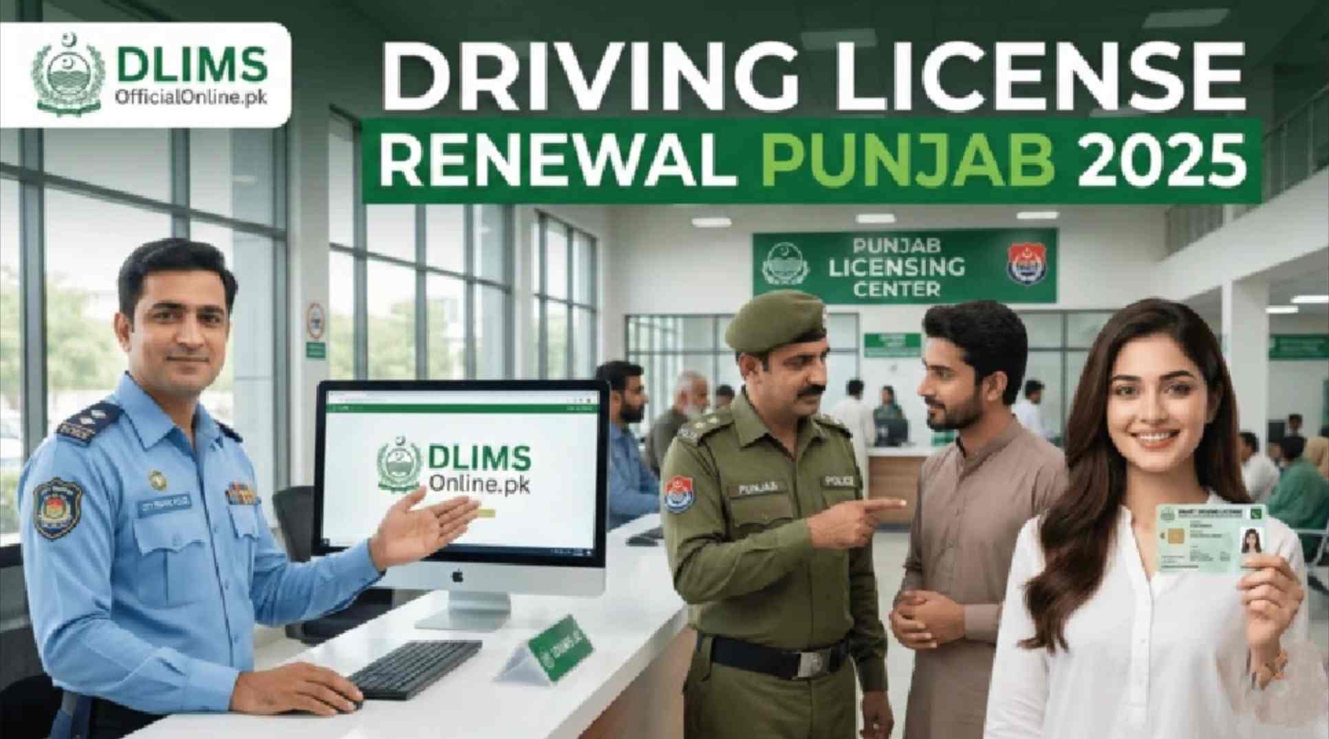 Driving License Renewal Punjab 1 Punjab Licensing Center with officer and citizens completing Driving License Renewal Punjab 2025 through DLIMS.