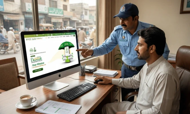 Driving License Renewal Punjab 2 Punjab Traffic Police officer guiding a citizen on DLIMS 2.0 portal for Driving License Renewal in Pakistan.