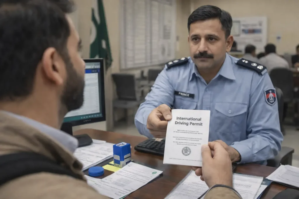 International Driving License Pakistan. Complete Guide for 2026 2 Pakistani traffic police officer issuing International Driving Permit to applicant at official licensing office