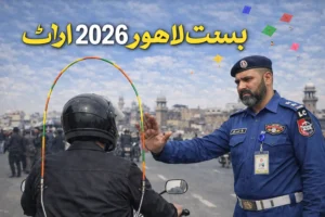 Basant Lahore 2026 Alert. New Traffic Police Rules for Bike Riders 7 Punjab Traffic Police stopping a motorcycle rider with safety rod during Basant Lahore 2026 enforcement drive.
