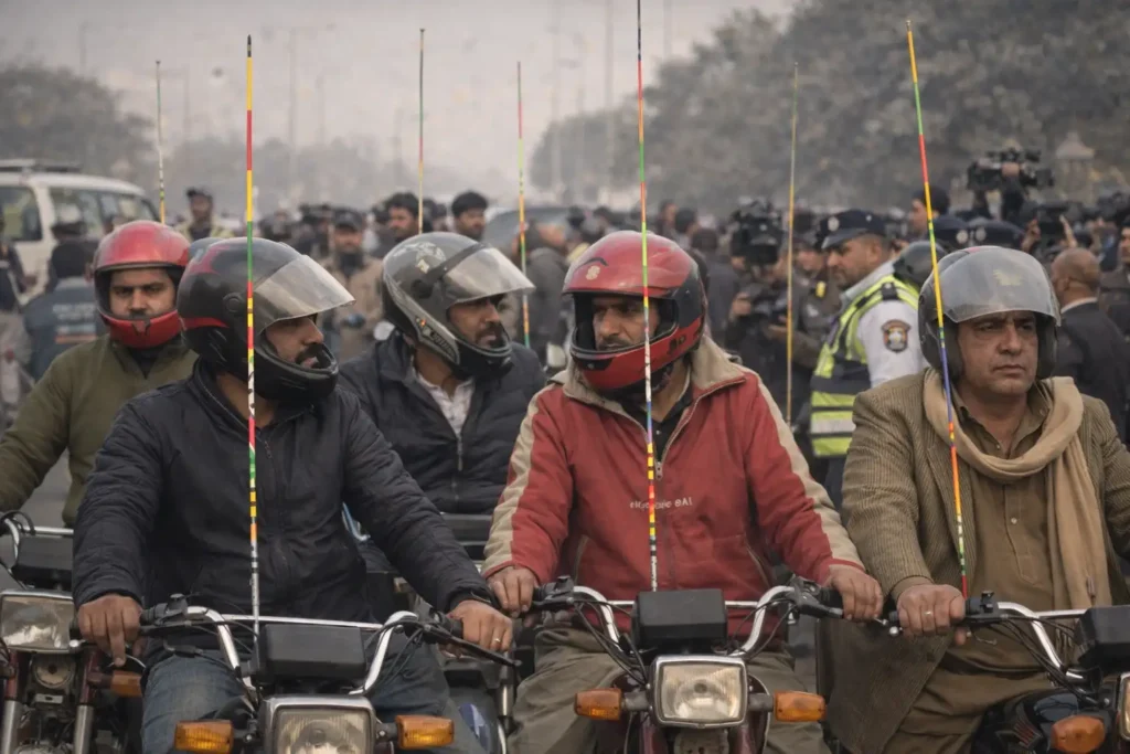Basant Lahore 2026 Alert. New Traffic Police Rules for Bike Riders 5 Motorcycle riders wearing helmets with safety rods installed during Basant Lahore 2026 as traffic police enforce new bike safety rules.