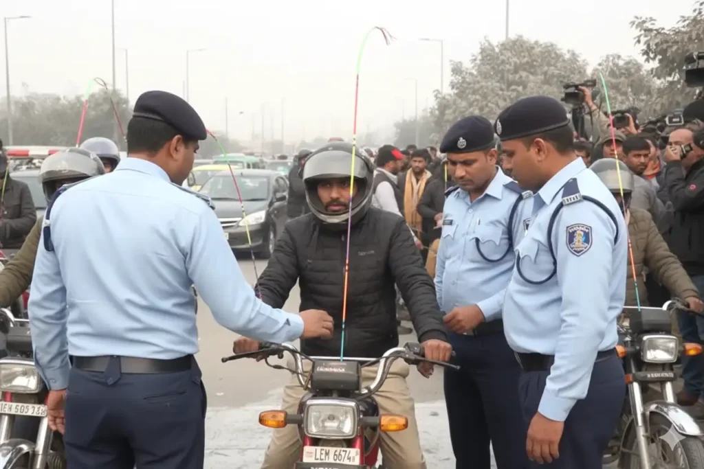 Basant Lahore 2026 Alert. New Traffic Police Rules for Bike Riders 6 Traffic police checking safety rod and helmet of a motorcycle rider during Basant Lahore 2026.