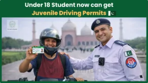Juvenile Driving Permit Punjab 2026: Can 16-18 Year Olds Legally Ride Bikes? 3 Teenage student showing juvenile driving permit with Punjab traffic police officer in Lahore Pakistan under 18 motorcycle license 2026.