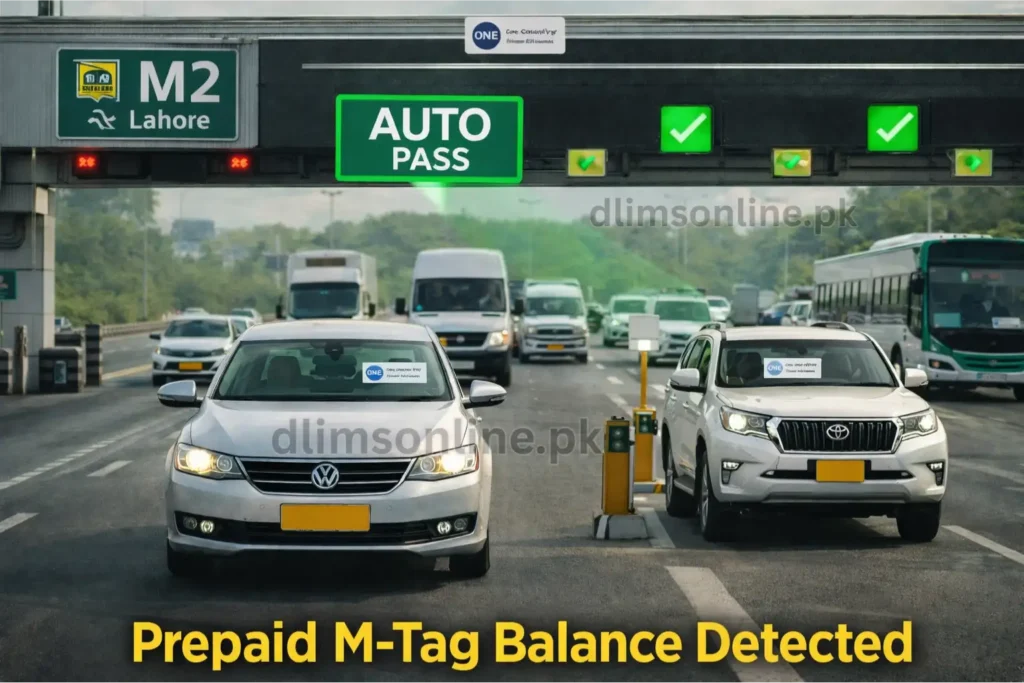 M-Tag Compulsory in Punjab 2026? Full Vehicle List, Fees & Fine Explained 2 Cars and SUV using M-Tag auto pass lane on Pakistan motorway toll plaza with automatic RFID scanner detecting prepaid tag balance.