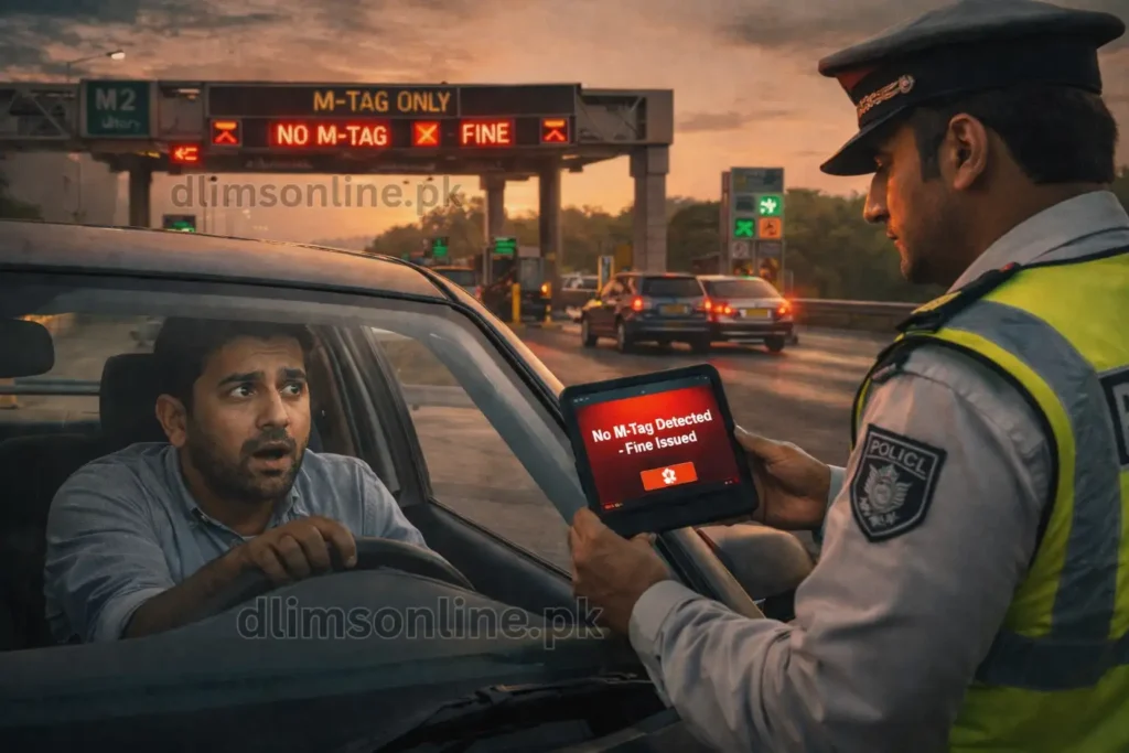 M-Tag Compulsory in Punjab 2026? Full Vehicle List, Fees & Fine Explained 5 Traffic police stopping car at motorway checkpoint showing No M-Tag detected fine warning on digital tablet in Punjab