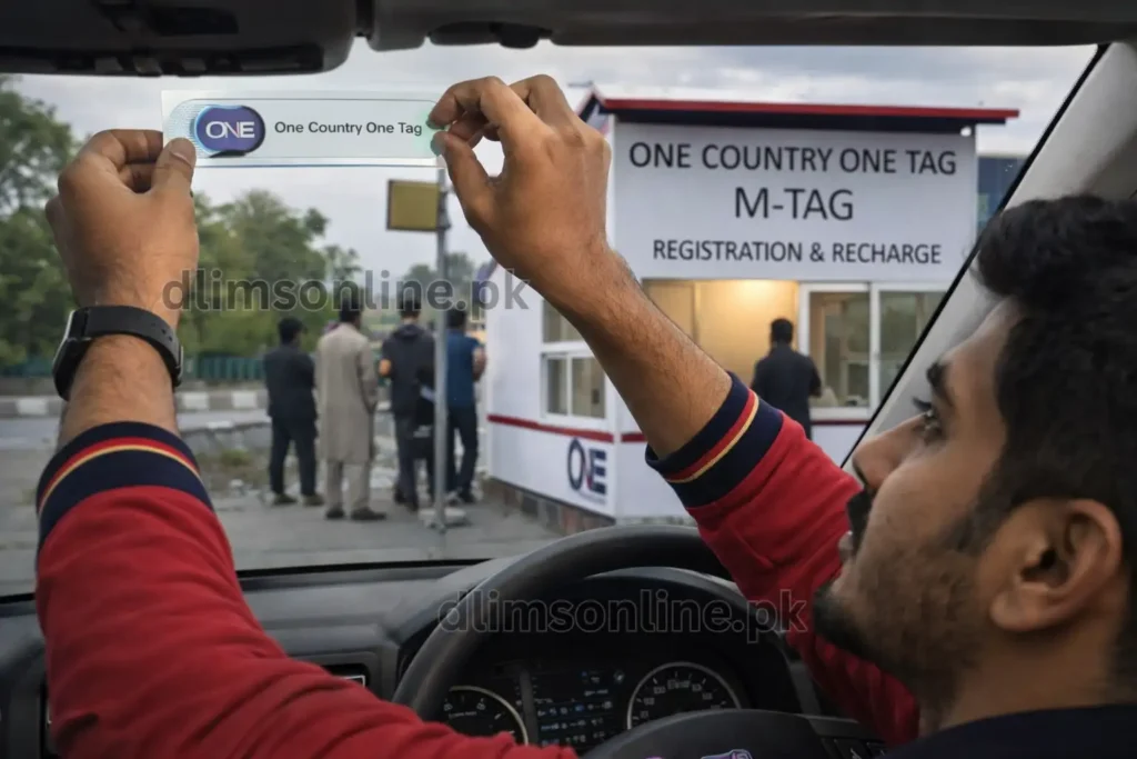 M-Tag Compulsory in Punjab 2026? Full Vehicle List, Fees & Fine Explained 4 Driver installing One Country One Tag M-Tag sticker on car windshield at motorway registration booth in Pakistan.
