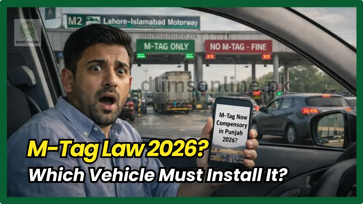 M-Tag Compulsory in Punjab 2026? Full Vehicle List, Fees & Fine Explained 1 Driver shocked after seeing M-Tag compulsory law Punjab 2026 update on motorway toll plaza while checking if cars bikes and vehicles need M-Tag installation.