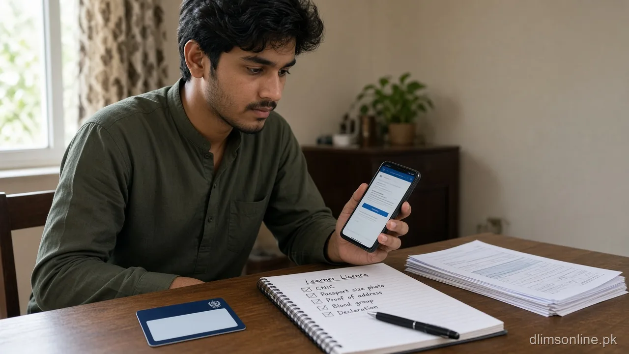 Apply for Learner Licence Punjab 2026 via Dastak 1 Applicant preparing learner licence documents on desk for Dastak apply