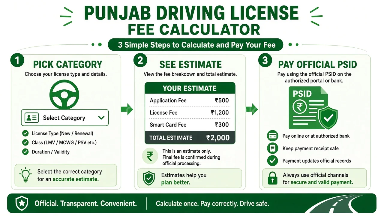 Infographic steps to estimate Punjab licence fees before PSID payment