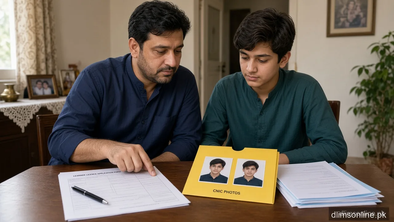 Dastak Driving License Punjab: How DLIMS Services Work Now (2026) 2 Adult helping teenager prepare learner licence documents CNIC and photos at home