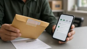 Driving licence card courier dispatch envelope and tracking slip