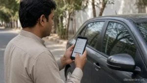 Driver checking Punjab e-challan ticket on smartphone beside car