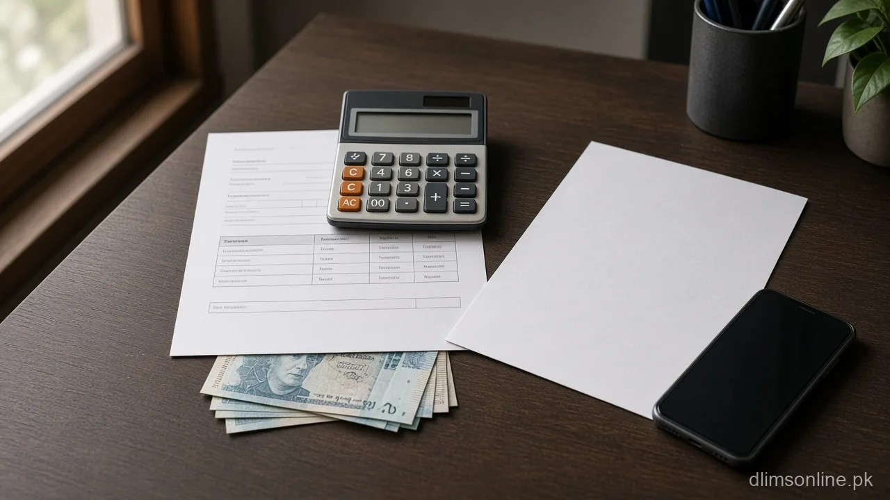 Driving License Fee Calculator Punjab 2026 2 Driving license fee calculator planning desk with calculator and CNIC copy