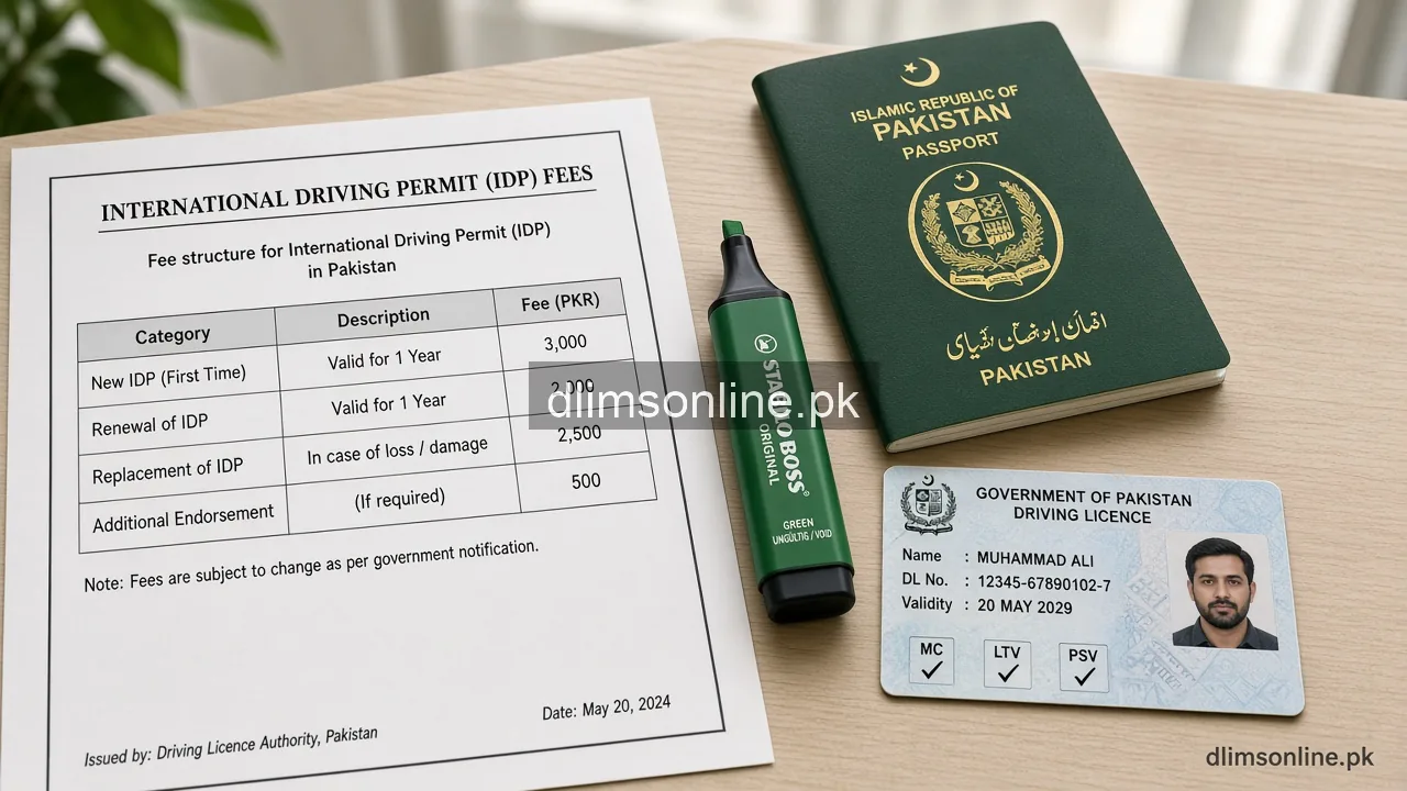 Driving License Fee in Punjab 2026 (Dastak / DLIMS) 4 International driving permit fee documents with passport and Pakistani licence
