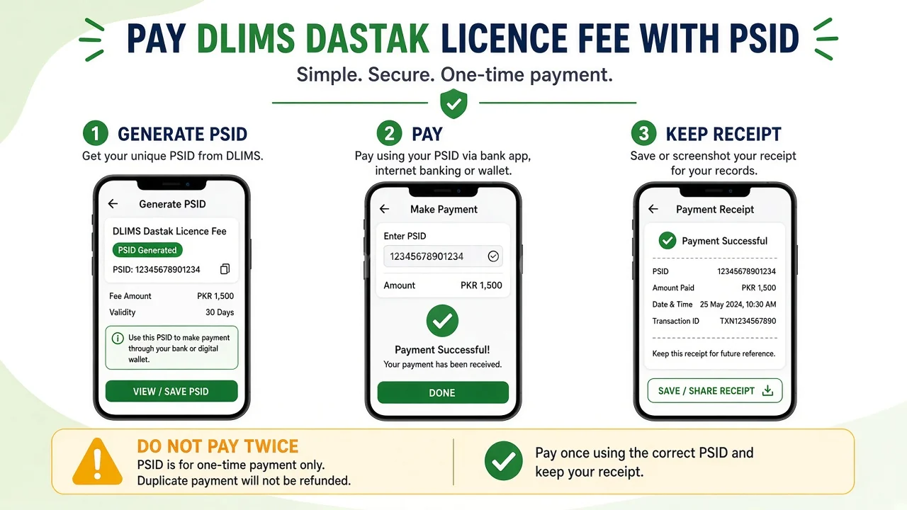 Driving License Fee in Punjab 2026 (Dastak / DLIMS) 3 Infographic showing PSID payment steps for DLIMS Dastak licence fees