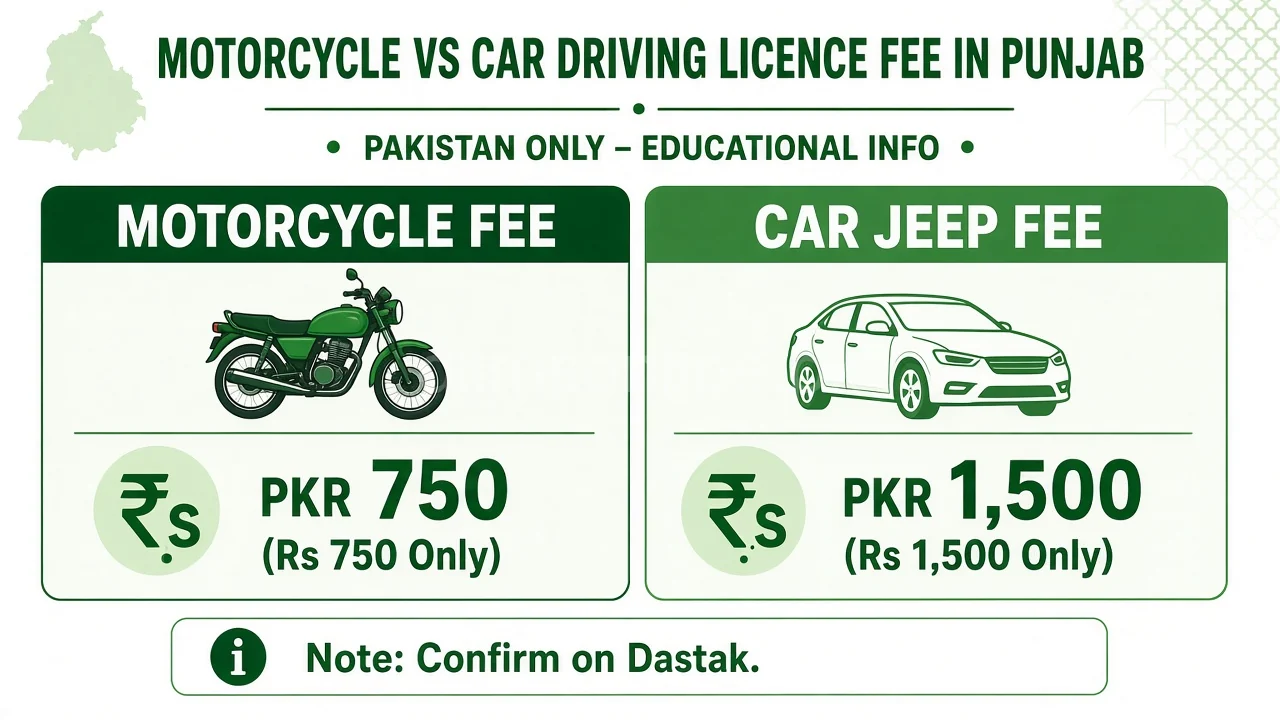 Motorcycle vs car driving licence fee Punjab PKR comparison Pakistan PKR infographic comparing motorcycle and car jeep driving licence fee categories in Punjab for Dastak DLIMS planning