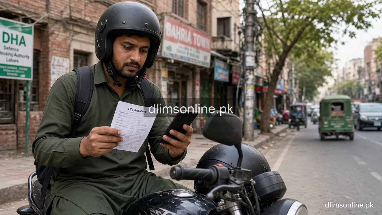 Driving License Fee in Punjab 2026 (Dastak / DLIMS) 3 Motorcycle rider in Punjab checking licence fee receipt before Dastak payment