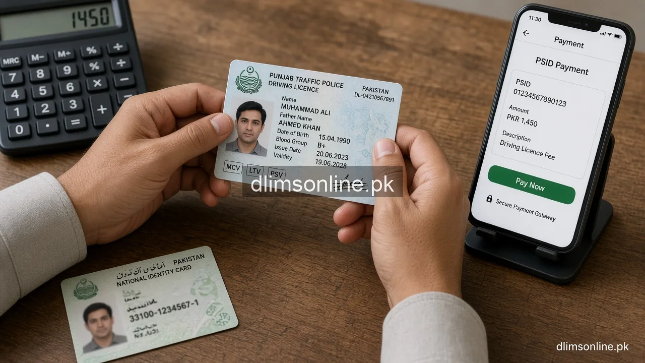 Driving License Fee in Punjab 2026 (Dastak / DLIMS) 2 Punjab driving licence fee planning with CNIC, calculator and PSID phone screen
