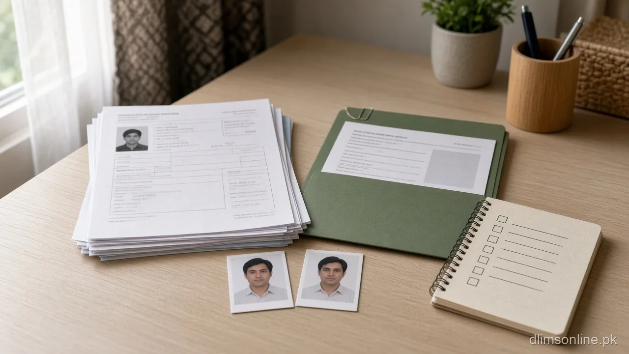 Learner license documents checklist desk with CNIC photos and medical folder