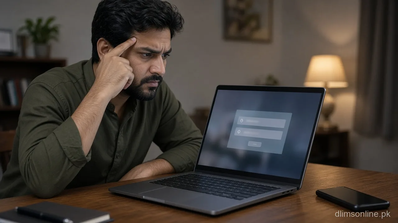 Person troubleshooting Dastak DLIMS login OTP on laptop with phone