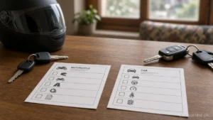 Motorcycle helmet and car key comparing licence categories in Punjab