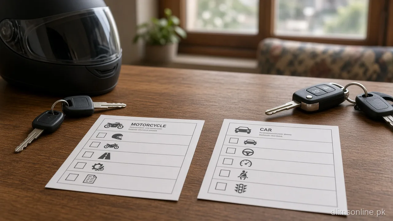 Motorcycle helmet and car keys comparing licence categories on desk Motorcycle helmet and car keys comparing licence categories on desk