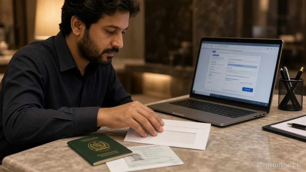 Overseas Pakistani renewing driving licence with passport courier and laptop