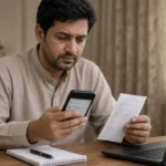 Person reviewing PSID payment slip and SMS for Pakistan dues