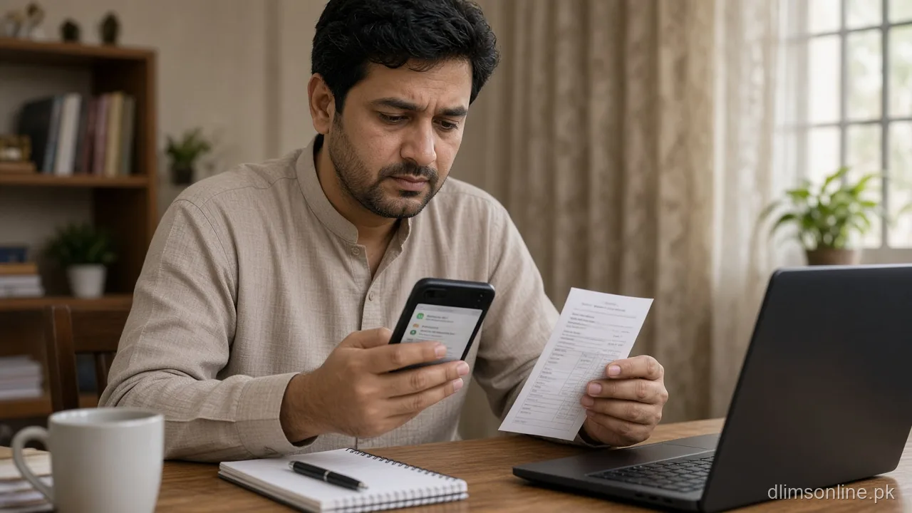 Person reviewing failed PSID payment receipt and bank SMS for Dastak