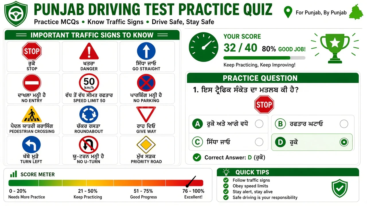 Punjab Driving Test Practice Quiz 2026 3 Infographic for Punjab driving test practice quiz tips