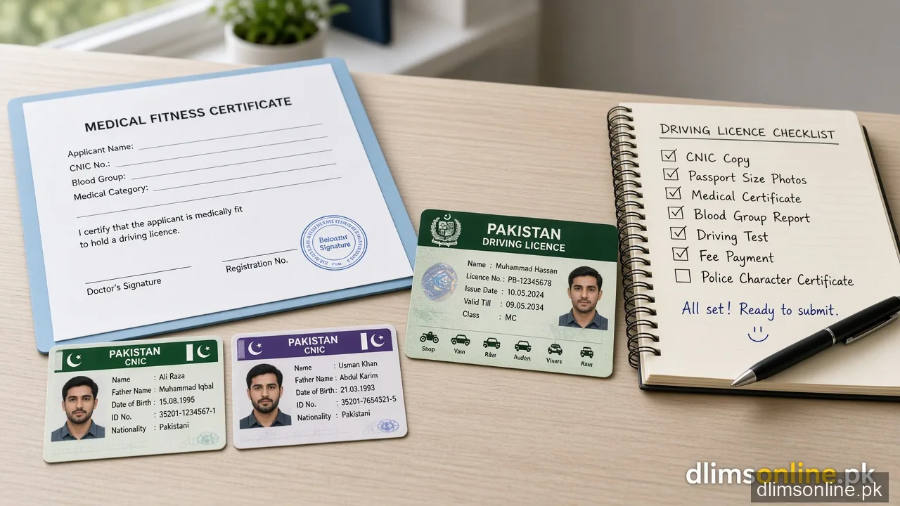 Driving License Tips Punjab 2026 1 Driving licence tips checklist desk with CNIC photos and medical folder