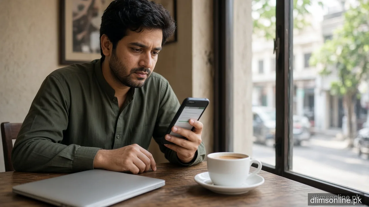 Man checking driving licence application status on smartphone in Pakistan